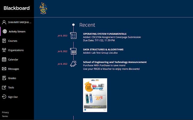 Homepage of eLearn, Sunway university learning portal